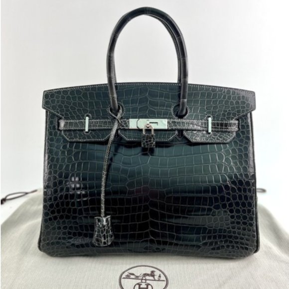 Hermes Shiny Porosus Crocodile Skin Birkin 35 w Palladium HW in Graphite - Picture 2 of 13